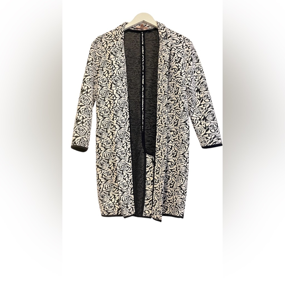 Philosophy Womens Small Long Open Front Duster Sweater Coat Black White Floral